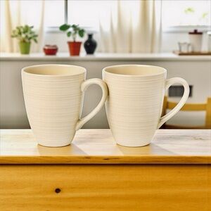 Thomson Pottery Ivory Ribbed Coffee Mugs Set of 2 – 4.5” Stoneware Cups